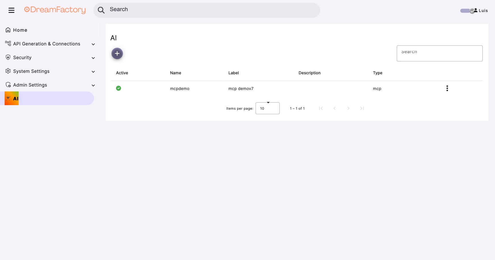 DreamFactory AI Services section showing MCP Server services