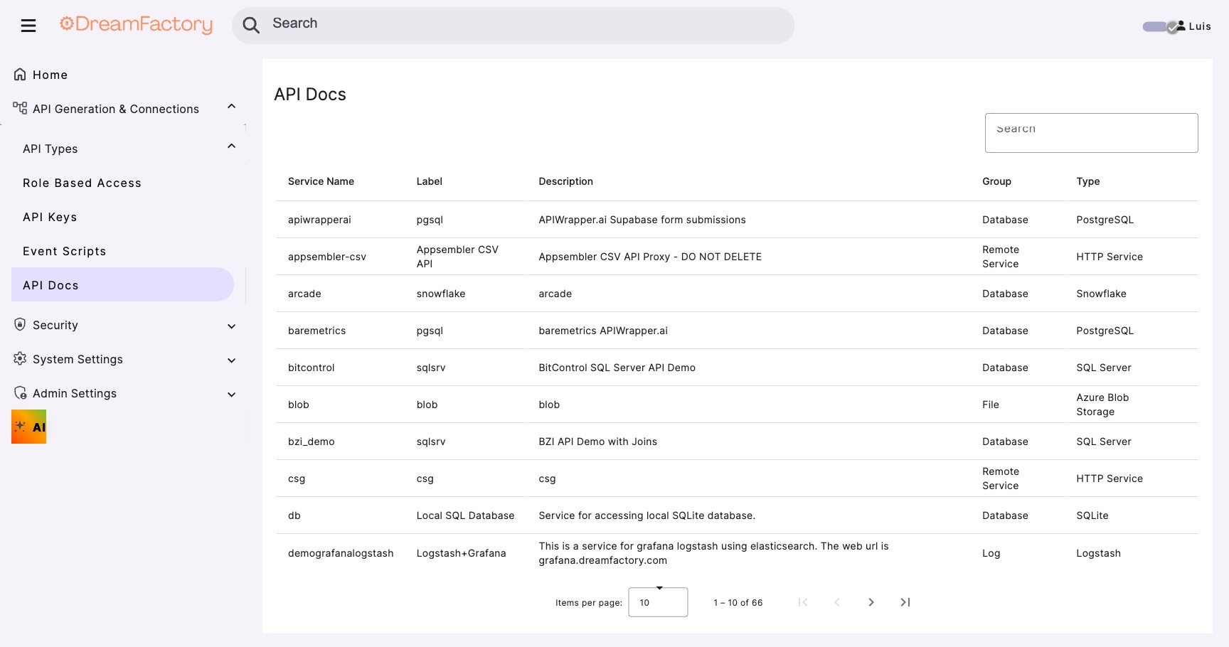 DreamFactory API Docs service listing