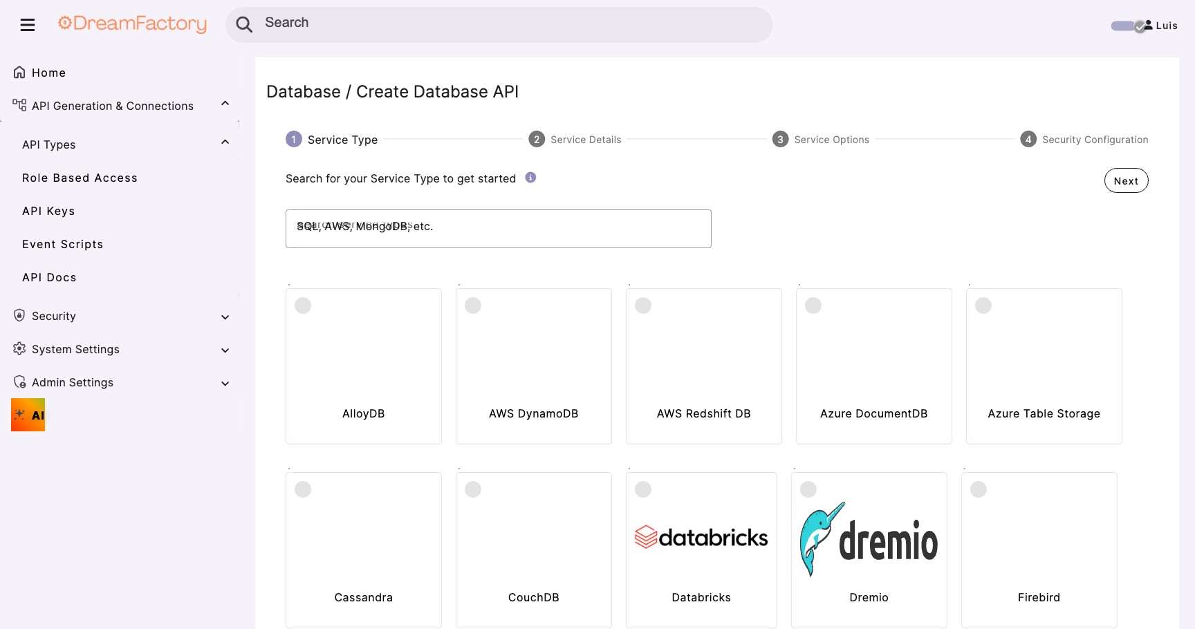 DreamFactory 4-step database API creation wizard