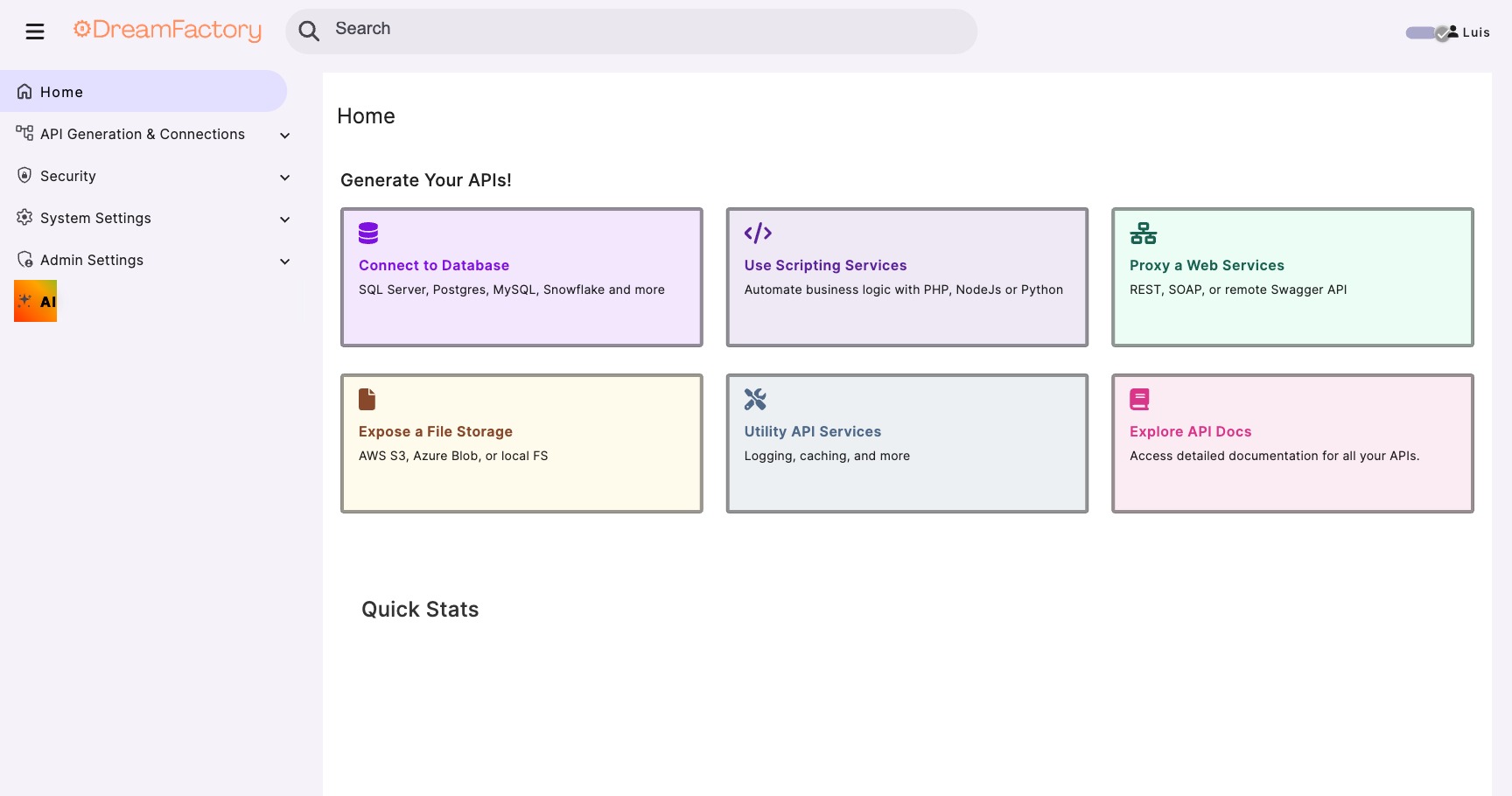 DreamFactory dashboard home page showing API generation options