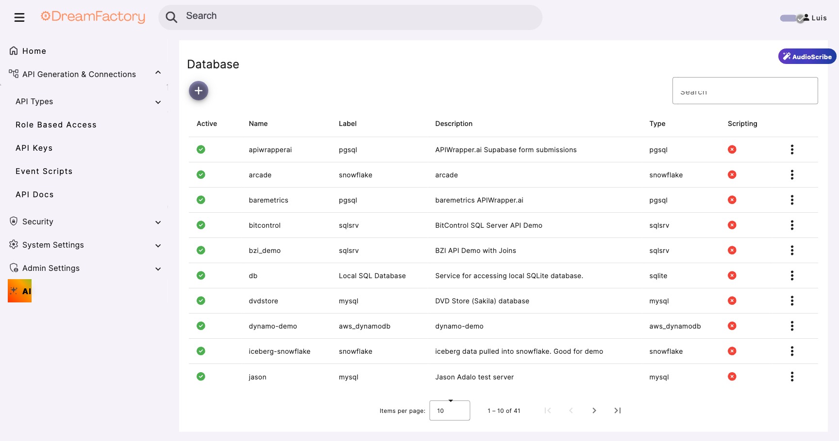 DreamFactory database services configuration