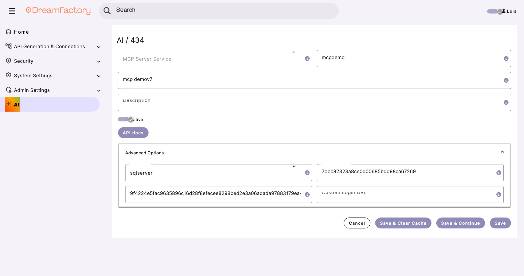 DreamFactory MCP Server configuration with OAuth credentials