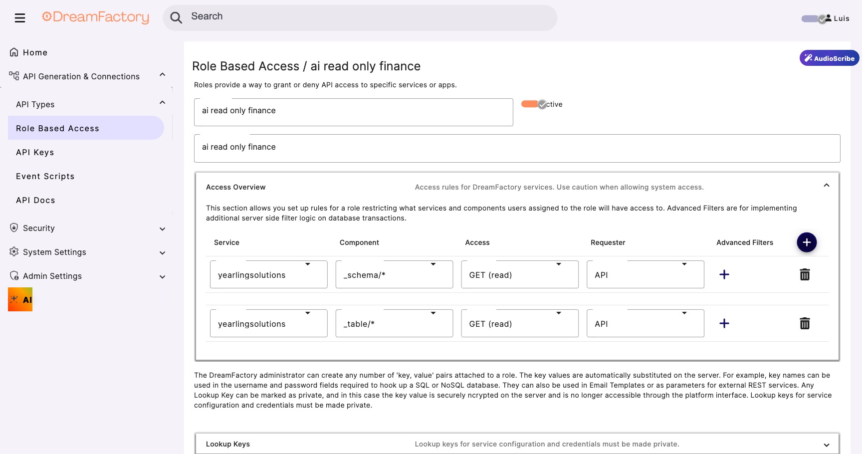 DreamFactory role detail page showing service, component, and access columns