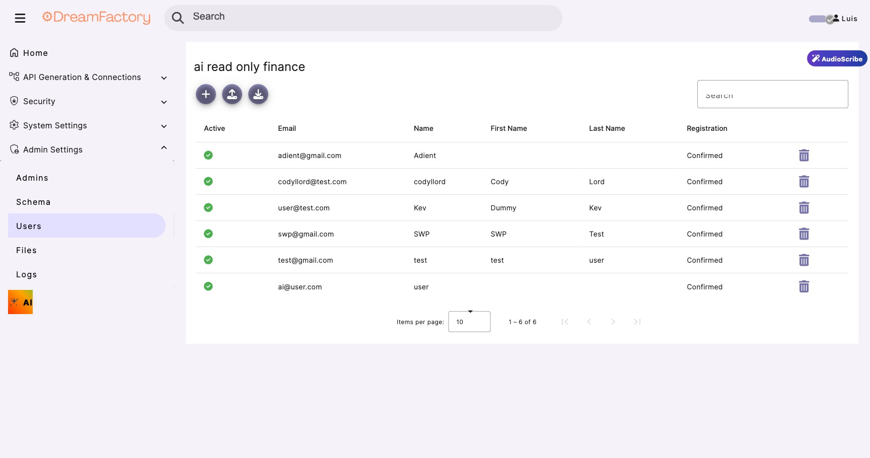 User management page showing user accounts and role assignments